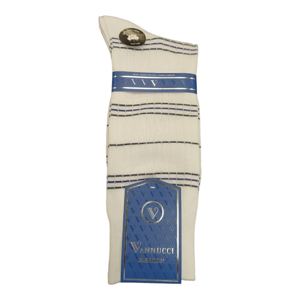 MEN'S VANNUCCI COUTURE WHITE RIBBED W/ STRIPES FASHION DRESS SOCK.